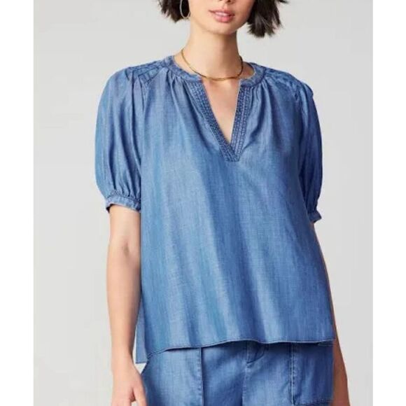 Anthropologie current air Los Angelos chambray puff sleeve top small - Picture 1 of 10